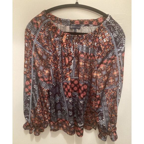 Democracy Boho Peasant Shirt Balloon Sleeves Orange Blue Geometric Floral Large - Picture 1 of 12